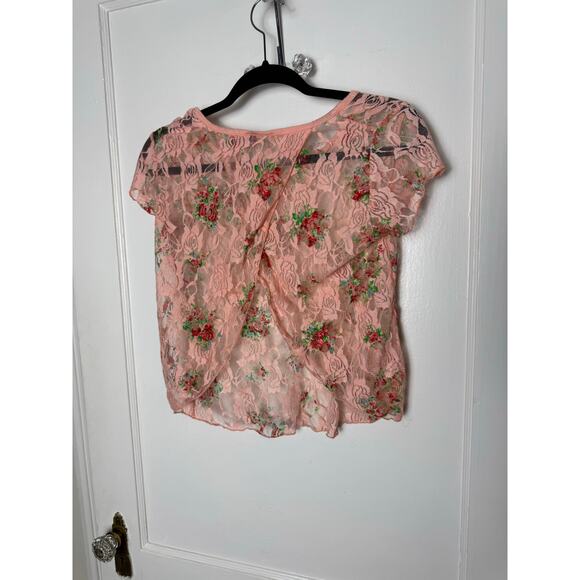 Vintage Y2K DEB Pink Floral Lace Sheer Short Sleeve Romantic Baby Top Small - Picture 5 of 6
